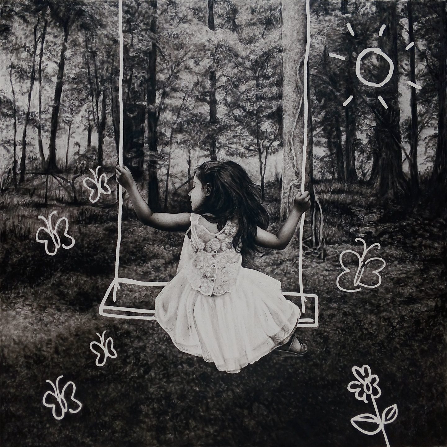 Girl in a white dress on a swing in a forest, with white line-drawn butterflies and flowers