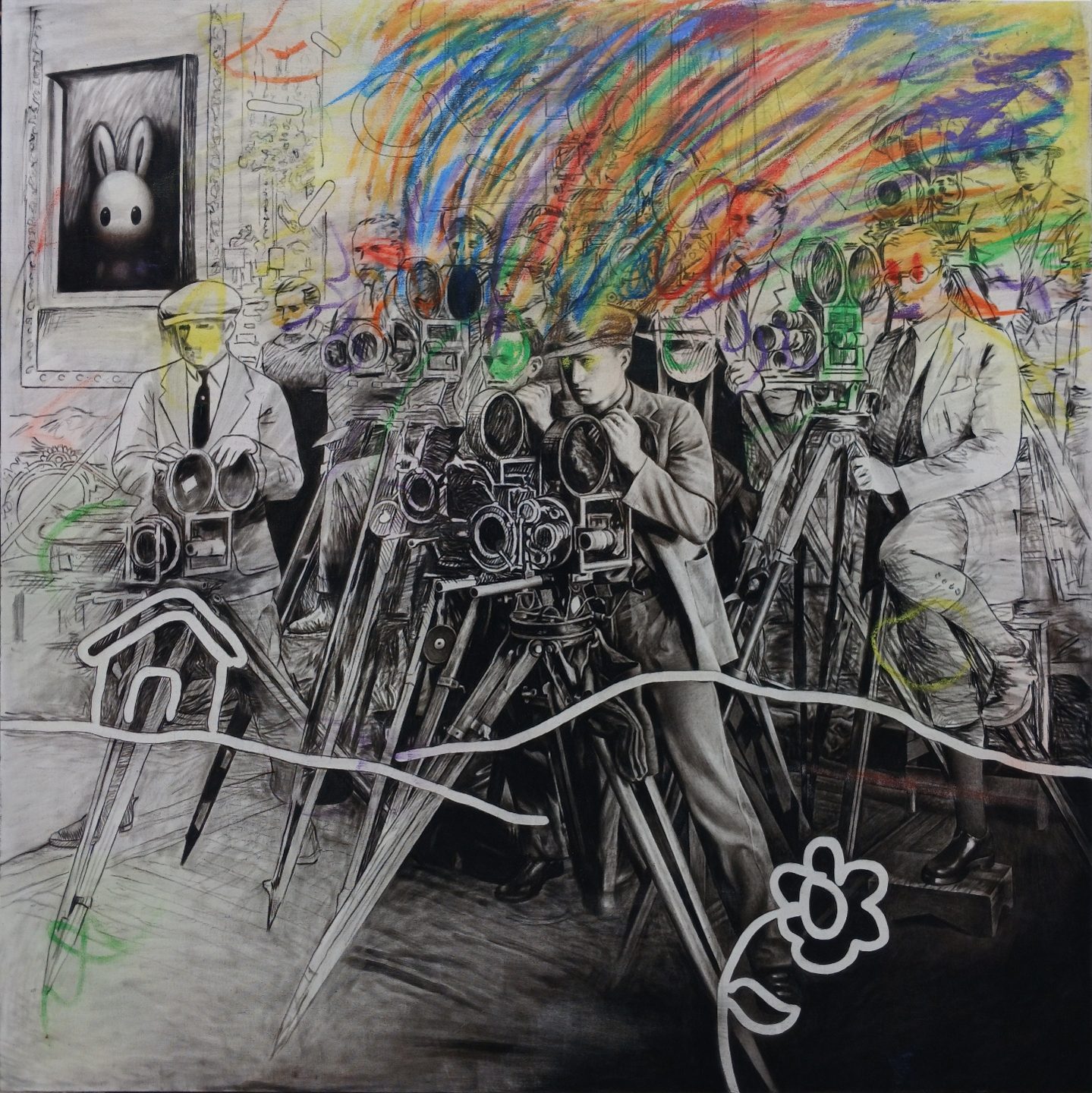 Drawing of vintage camera operators with colorful pastel strokes above and a framed rabbit portrait on the wall