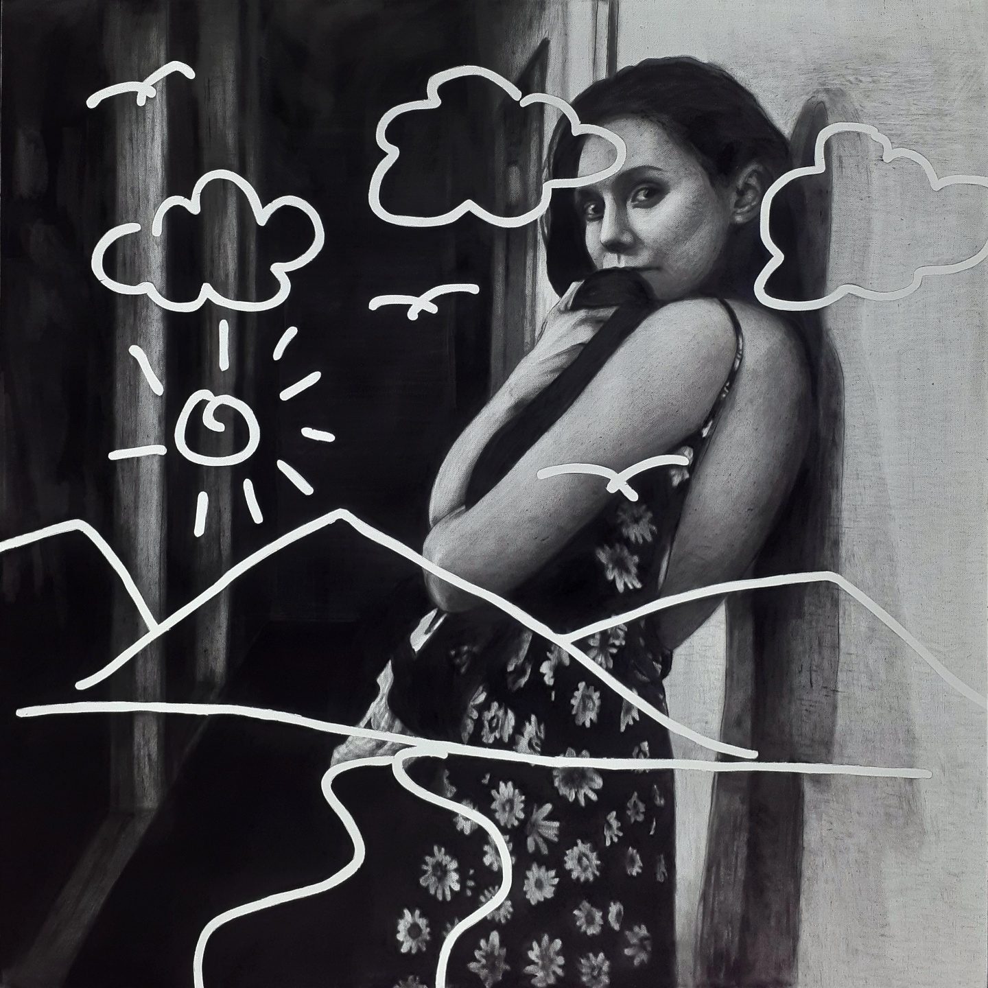 Woman leaning against a wall, with white line-drawn clouds, sun and hills