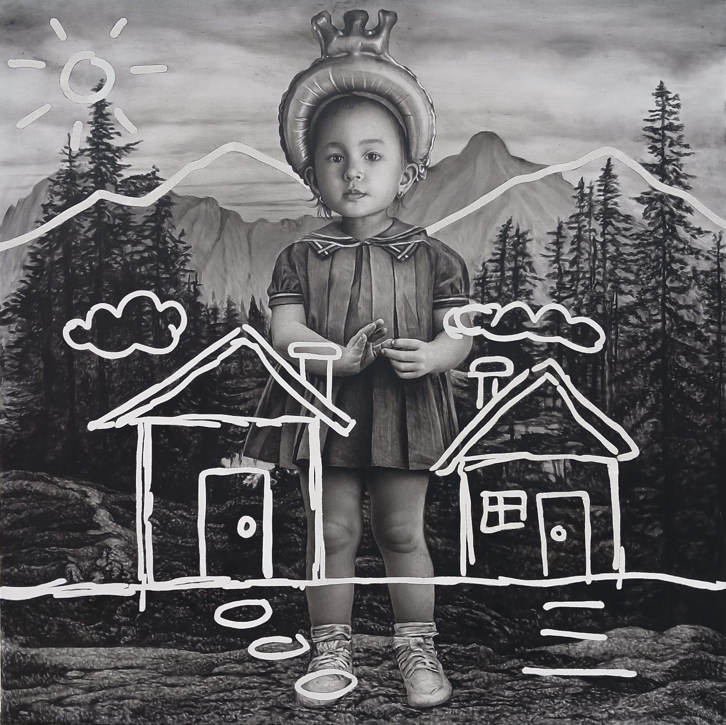 Child wearing a crown in front of mountains and white line-drawn houses
