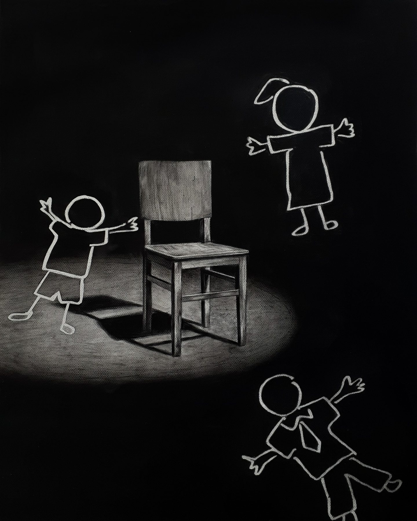 Wooden chair in a spotlight with white line-drawn children around it