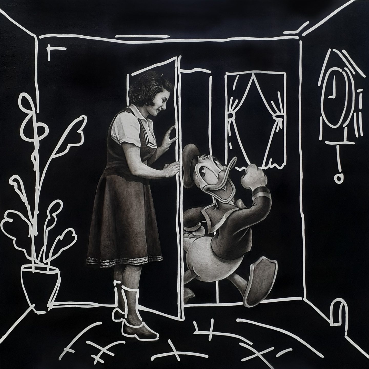 A woman and a cartoon duck at an open door in a dark room with white line-drawn furniture