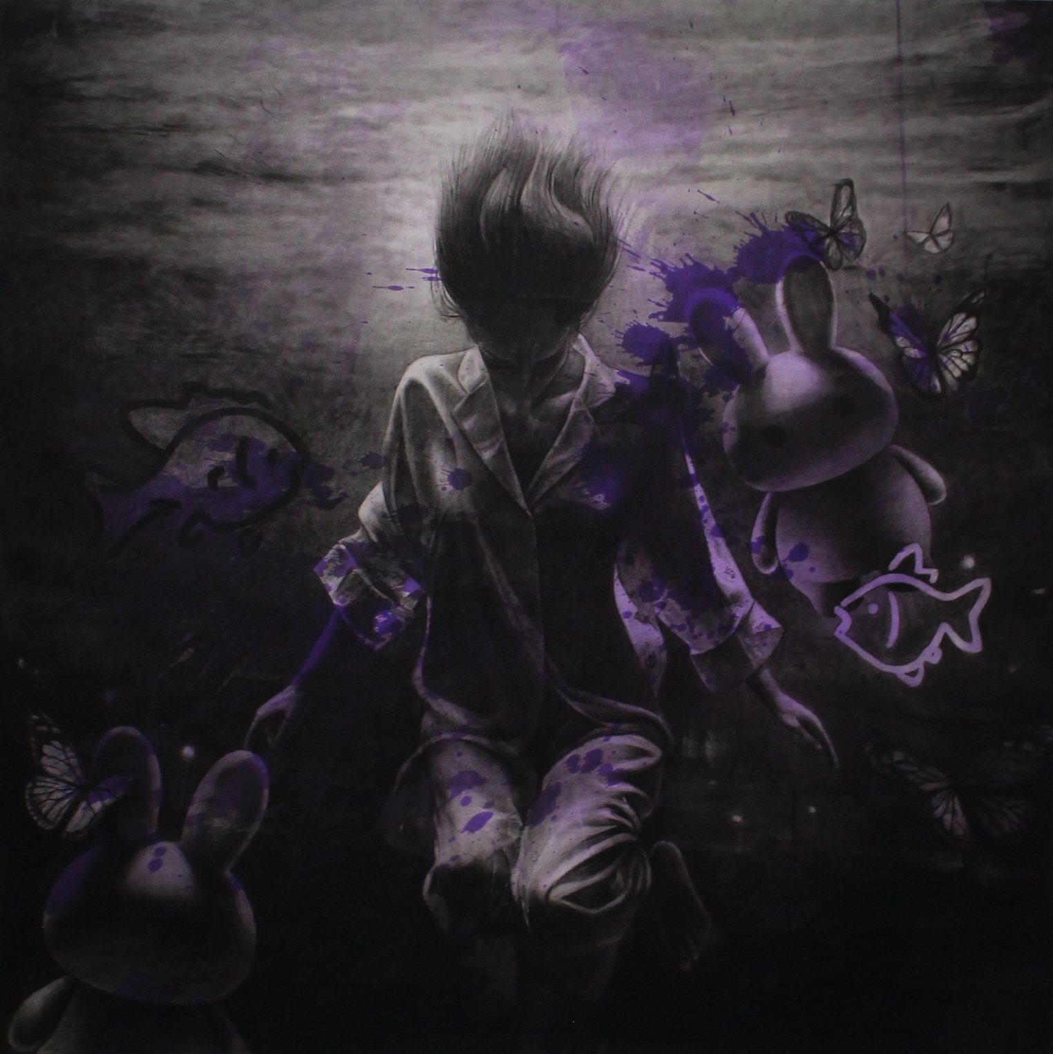 Kneeling figure surrounded by rabbits, fish and butterflies in purple tones