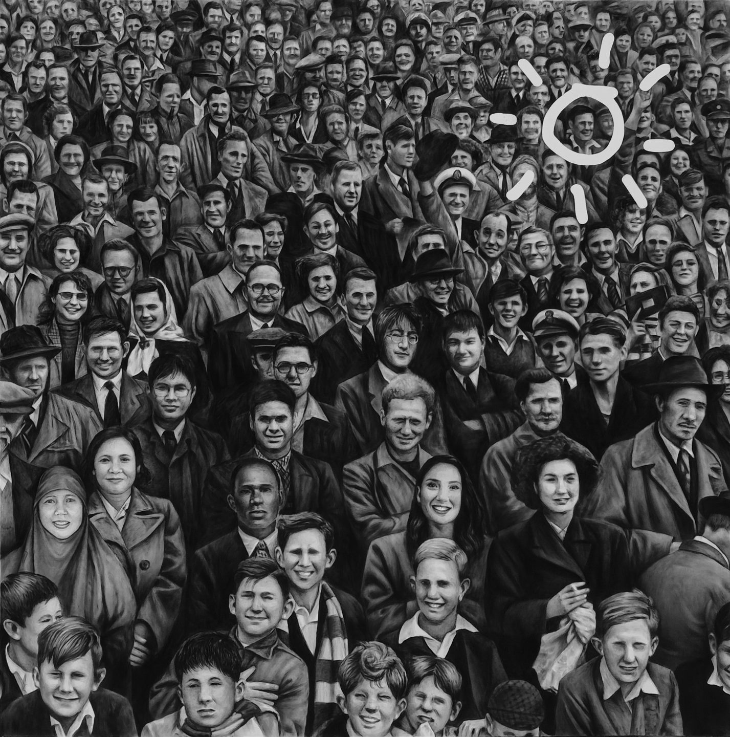Charcoal drawing of a dense crowd of smiling people with a white sun drawn above them