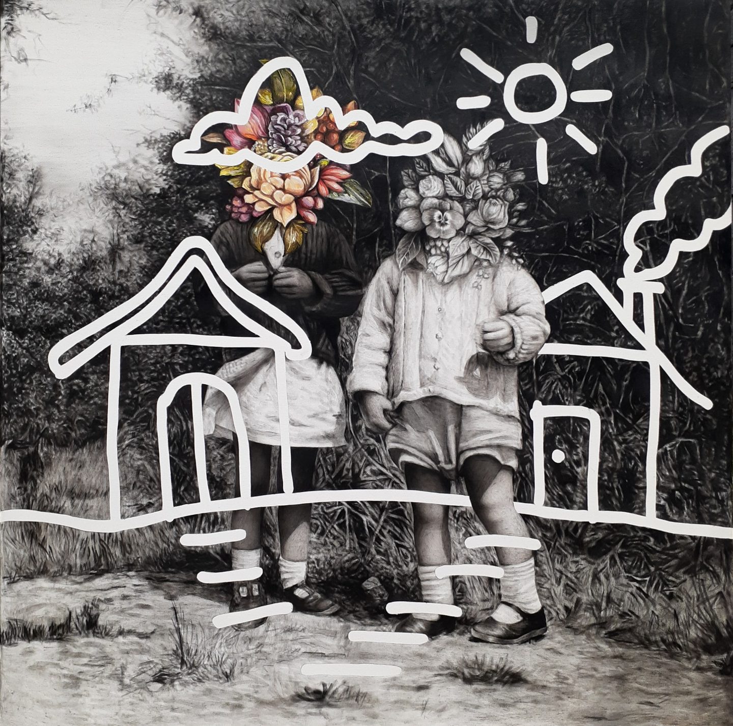 Two children with flowers for heads in front of white line-drawn houses and a sun